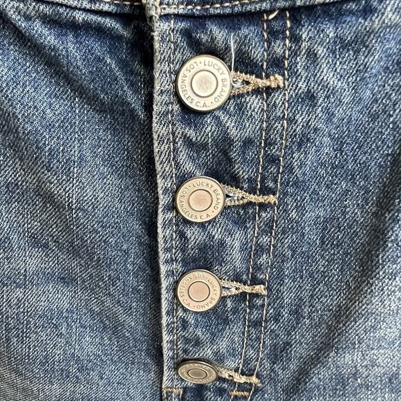 LUCKY BRAND High Rise Mom Jeans Drew Blue Sz 10/30 Raw Hem Exposed Buttons Ankle - Picture 4 of 11